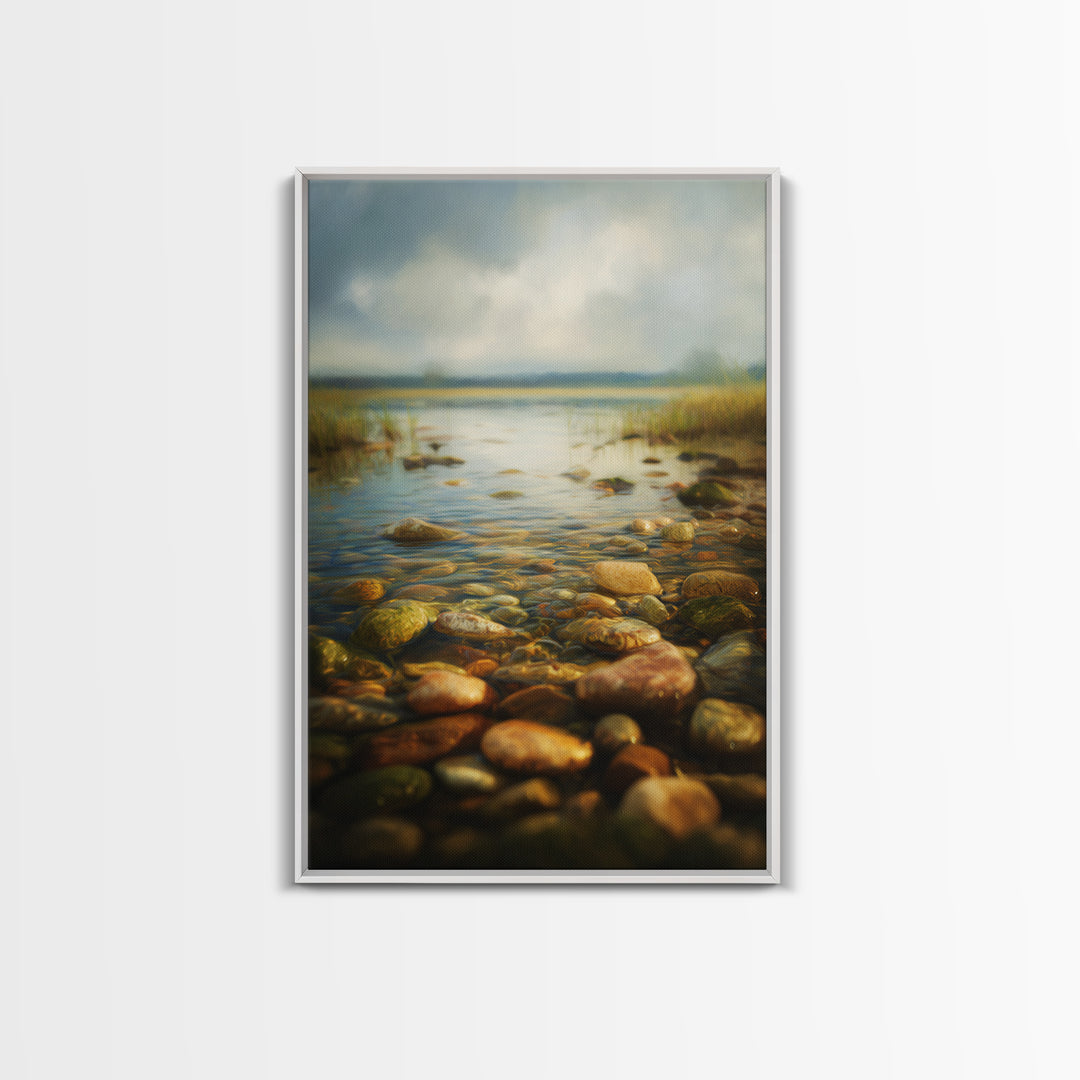River Stones under Clear Shallow Water Canvas Print, Nature Art, Painting, Living Room Decor, Fine Art, Nature, Modern Wall Art, NAT-2x3-45