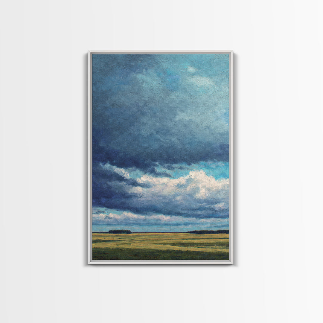 Storm Clouds over a Rolling Prairie Framed Canvas Print, Nature Art, Textured Painting, Living Room Decor, Fine Art, Nature, NAT-2x3-46