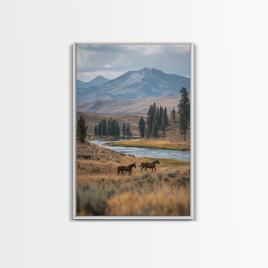 Wild Horses Running Near Mountain Ridge Canvas Print, Nature Art, Minimalist Decor, Living Room Decor, Fine Art, Nature, NAT-2x3-54