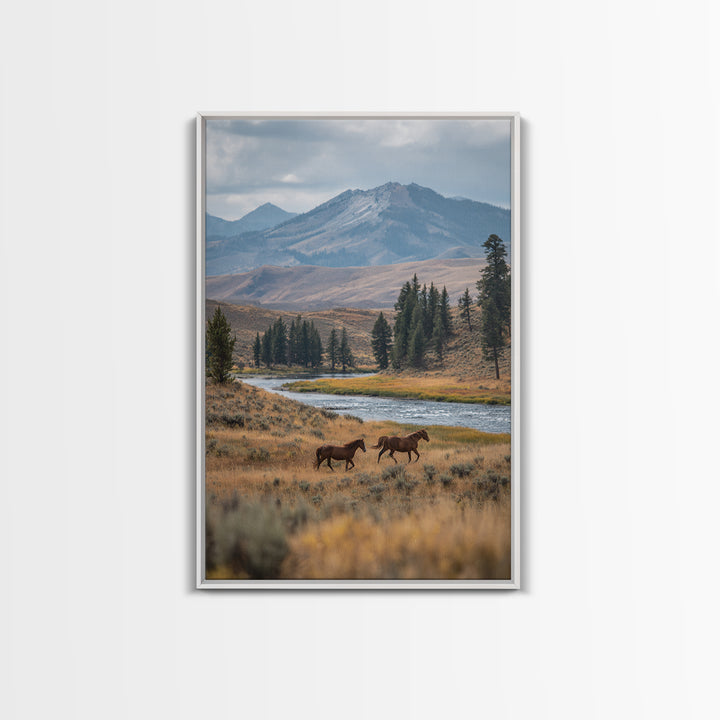 Wild Horses Running Near Mountain Ridge Canvas Print, Nature Art, Minimalist Decor, Living Room Decor, Fine Art, Nature, NAT-2x3-54