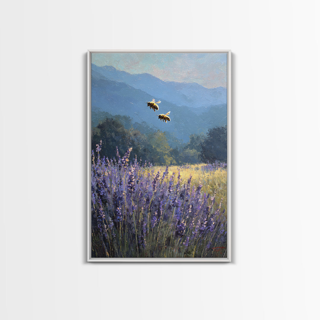 Bees Circling Lavender Blossoms Framed Canvas Print, Nature Art, Textured Painting, Living Room Decor, Fine Art, Nature, NAT-2x3-55