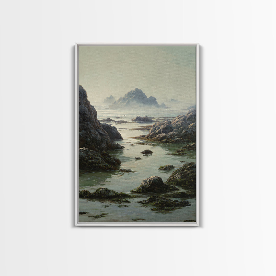 Calm Beach Tide Pooling Around Rocks Framed Canvas Print, Nature Art, Neutral Decor, Living Room Decor, Abstract Art, Nature, NAT-2x3-56