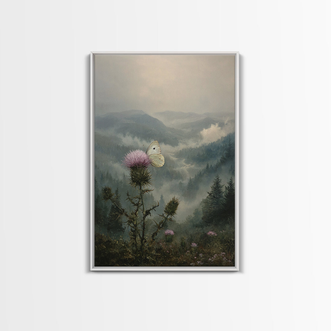 Butterfly Resting on a Blooming Thistle Framed Canvas Print, Nature Art, Wall Art, Living Room Decor, Fine Art, Nature, NAT-2x3-60