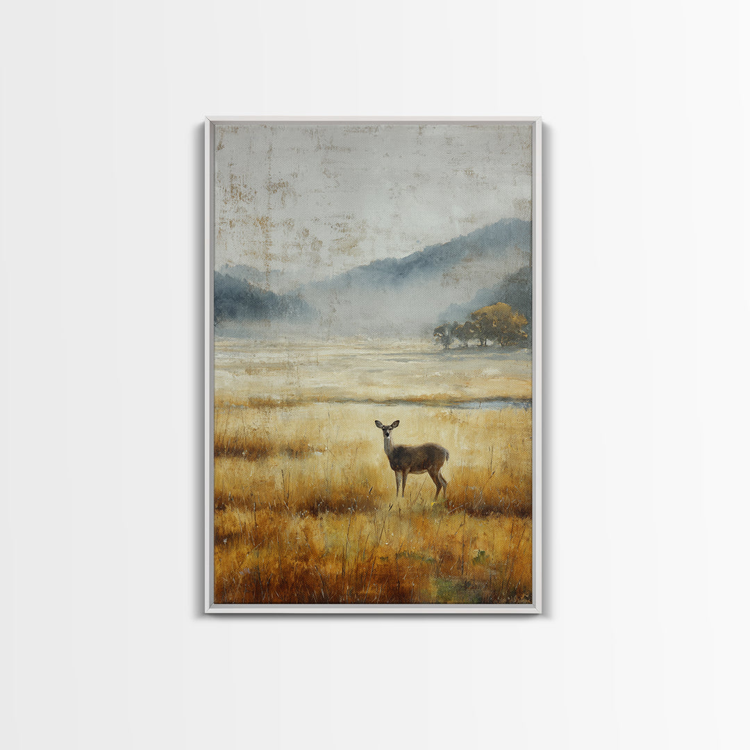 Deer Standing in a Golden Field Framed Canvas Print, Nature Art, Room Decor, Living Room Decor, Fine Art, Nature, Wall Hangings, NAT-2x3-64