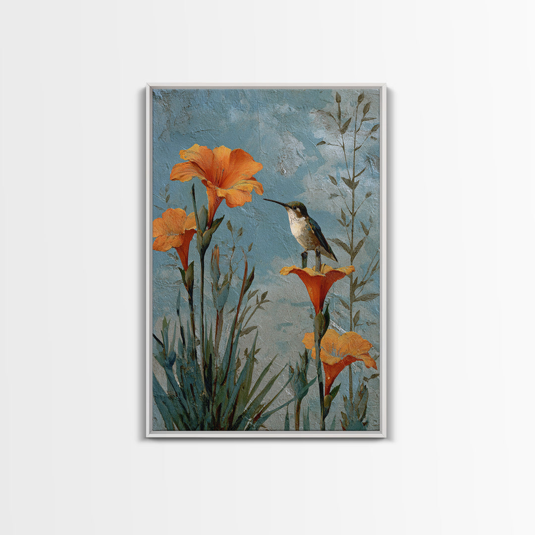 Hummingbird Beside Bright Trumpet Flowers Framed Canvas Print, Nature Art, Wall Hangings, Living Room Decor, Oil Painting, NAT-2x3-68