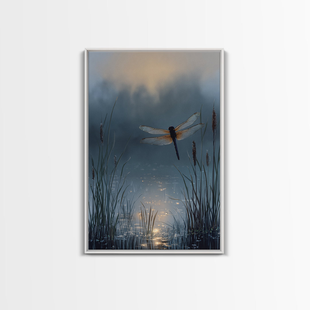 Dragonfly over a Pond with Reeds Framed Canvas Print, Nature Art, Art, Living Room Decor, Watercolor Art, Nature, 3d Wall Art, NAT-2x3-74