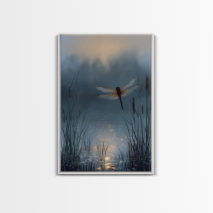 Dragonfly over a Pond with Reeds Framed Canvas Print, Nature Art, Art, Living Room Decor, Watercolor Art, Nature, 3d Wall Art, NAT-2x3-74