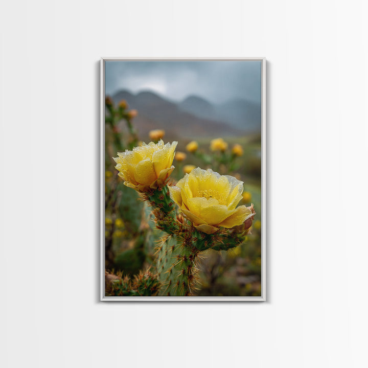 Desert Cactus Blooming After Rain Framed Canvas Print, Nature Art, 3d Wall Art, Living Room Decor, Watercolor Art, Nature, NAT-2x3-76