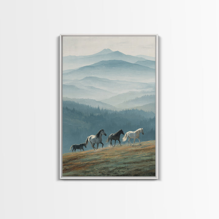 Wild Horses Running Near Mountain Ridge Framed Canvas Print, Nature Art, Wall Decor, Living Room Decor, Fine Art, Nature, NAT-2x3-78