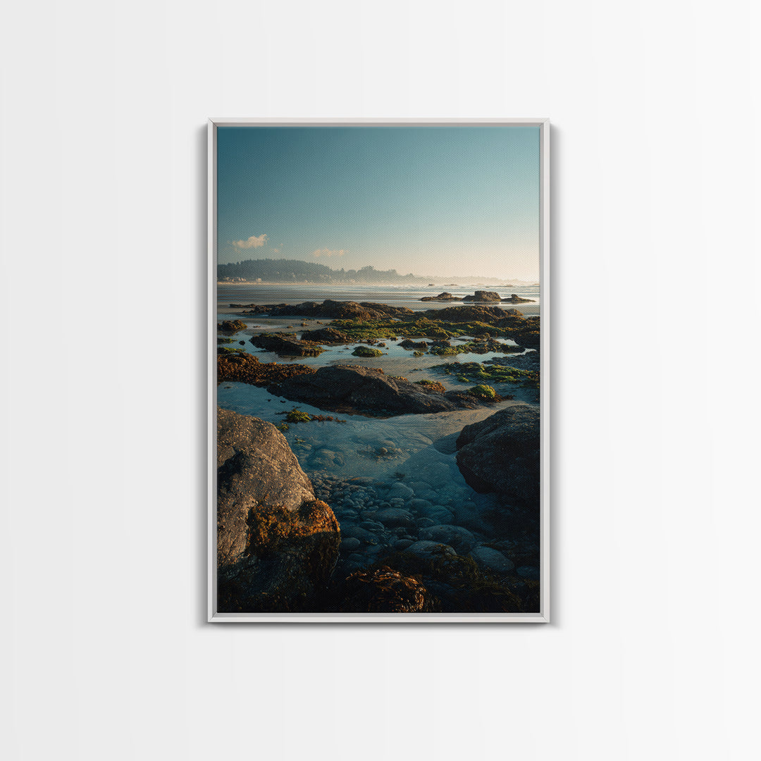 Calm Beach Tide Pooling Around Rocks Framed Canvas Print, Nature Art, Stained Glass Art, Living Room Decor, Oil Painting, NAT-2x3-8