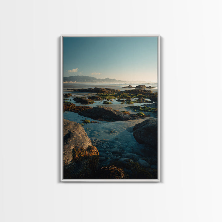 Calm Beach Tide Pooling Around Rocks Framed Canvas Print, Nature Art, Stained Glass Art, Living Room Decor, Oil Painting, NAT-2x3-8