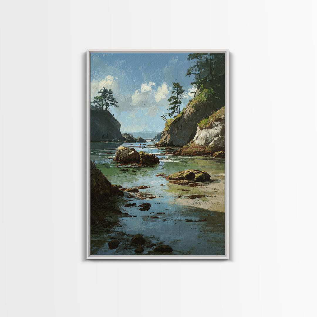Calm Beach Tide Pooling Around Rocks Framed Canvas Print, Nature Art, Living Room Decor, Watercolor Art, Nature, NAT-2x3-80
