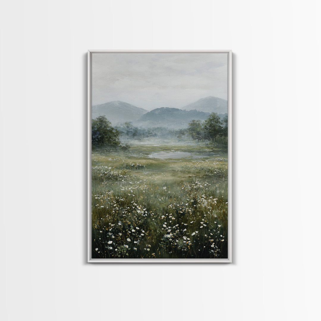 Wildflower Meadow under Soft Summer Sky Canvas Print, Nature Art, Painting, Living Room Decor, Nature, Modern Wall Art, NAT-2x3-82