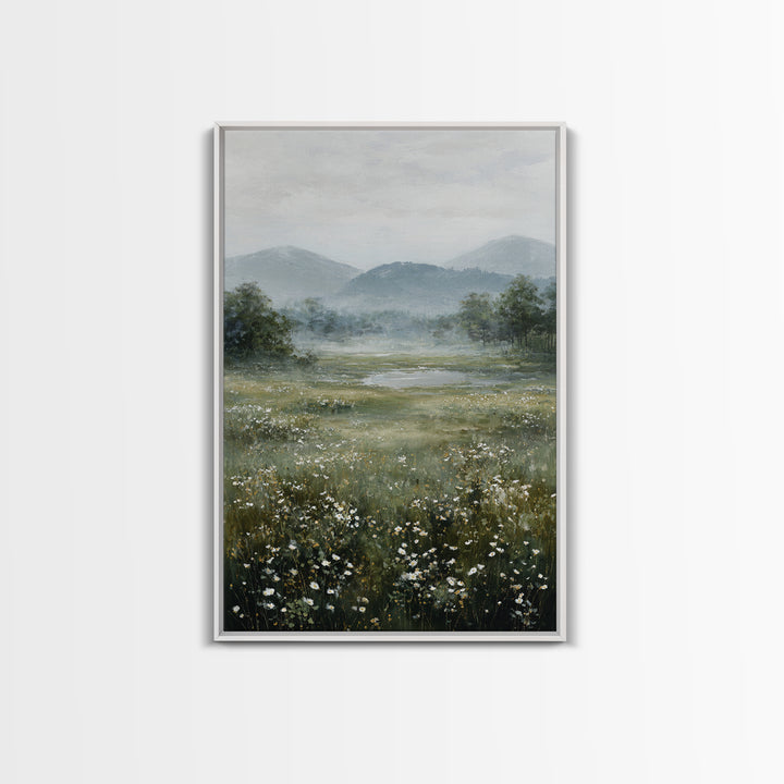 Wildflower Meadow under Soft Summer Sky Canvas Print, Nature Art, Painting, Living Room Decor, Nature, Modern Wall Art, NAT-2x3-82