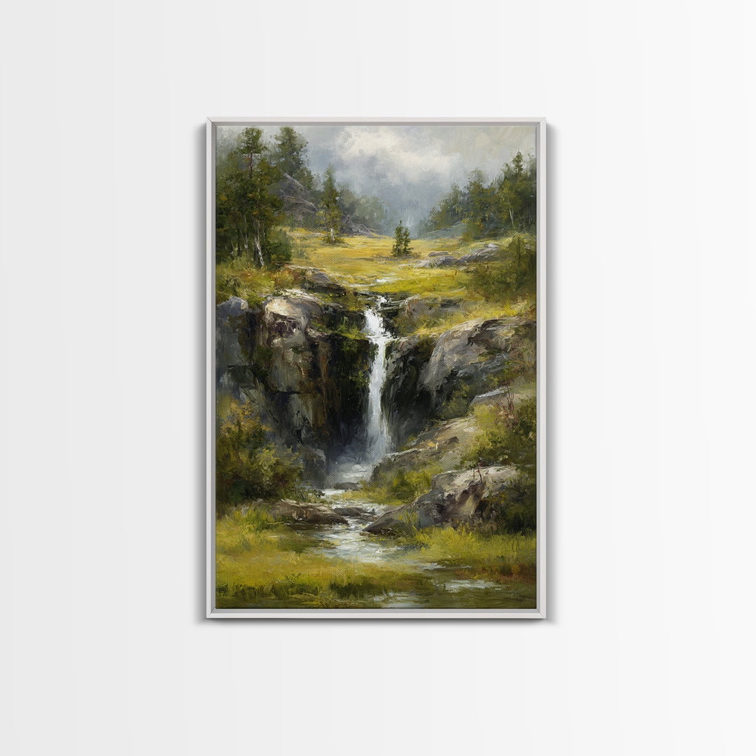 Waterfall Hidden Among Dark Green Rocks Framed Canvas Print, Nature Art, Abstract Wall Art, Living Room Decor, Abstract Art, NAT-2x3-83