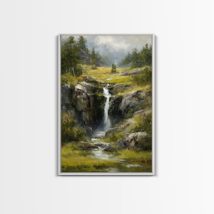 Waterfall Hidden Among Dark Green Rocks Framed Canvas Print, Nature Art, Abstract Wall Art, Living Room Decor, Abstract Art, NAT-2x3-83
