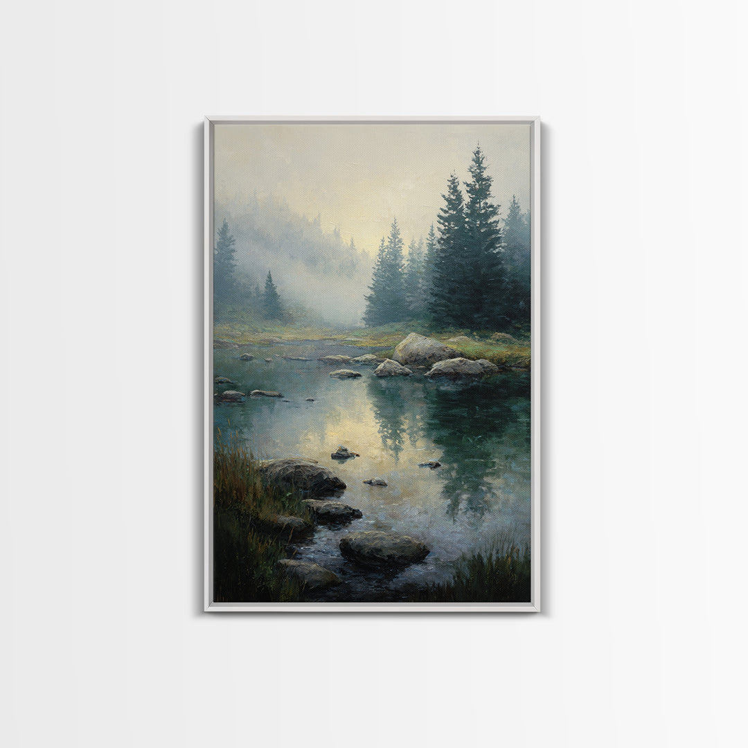 Misty Mountain Lake Framed Canvas Print, Nature Art, Abstract Wall Art, Living Room Decor, Oil Painting, Nature, Bird Wall Art, NAT-2x3-85