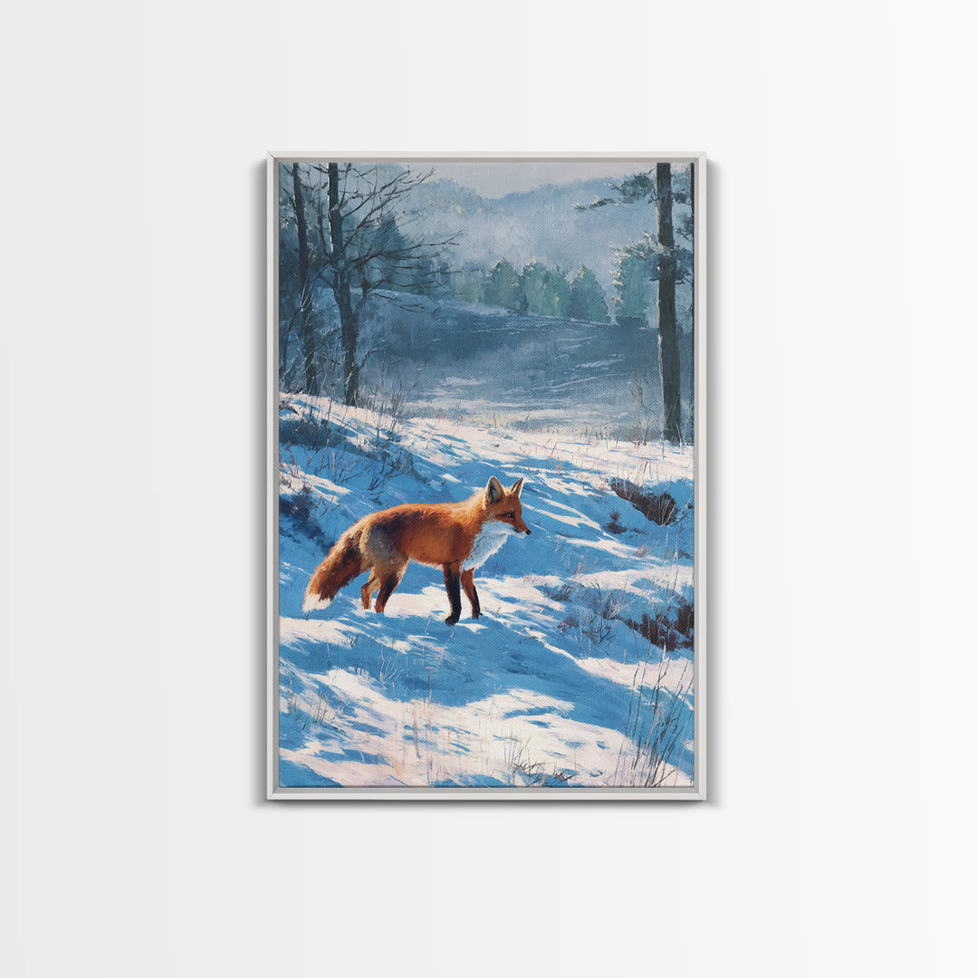 Fox Crossing a Snowy Forest Clearing Framed Canvas Print, Nature Art, Living Room Decor, Oil Painting, Nature, NAT-2x3-90