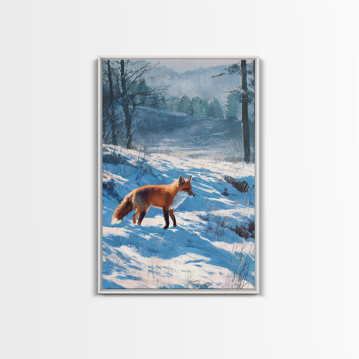 Fox Crossing a Snowy Forest Clearing Framed Canvas Print, Nature Art, Living Room Decor, Oil Painting, Nature, NAT-2x3-90