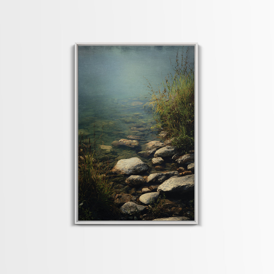 River Stones under Clear Shallow Water Framed Canvas Print, Nature Art, Artwork, Living Room Decor, Fine Art, Nature, NAT-2x3-93