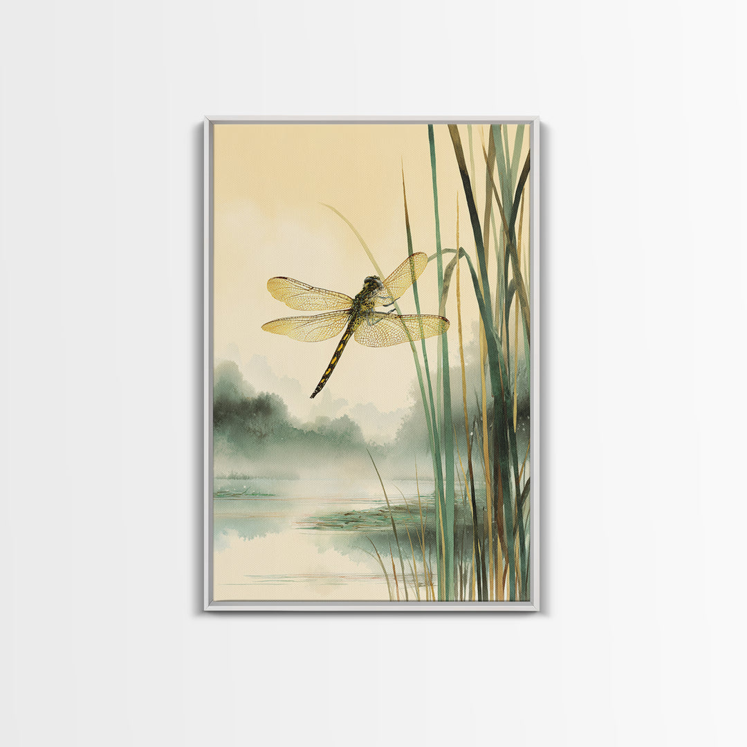 Dragonfly over a Pond with Reeds Framed Canvas Print, Nature Art, Art, Living Room Decor, Watercolor Art, Nature, 3d Wall Art, NAT-2x3-98