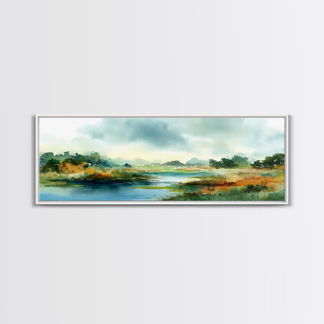 Dragonfly over a Pond with Reeds Framed Canvas Print, Nature Art, Home Decor, Living Room Decor, Nature, Abstract Wall Art, NAT-3x1-10