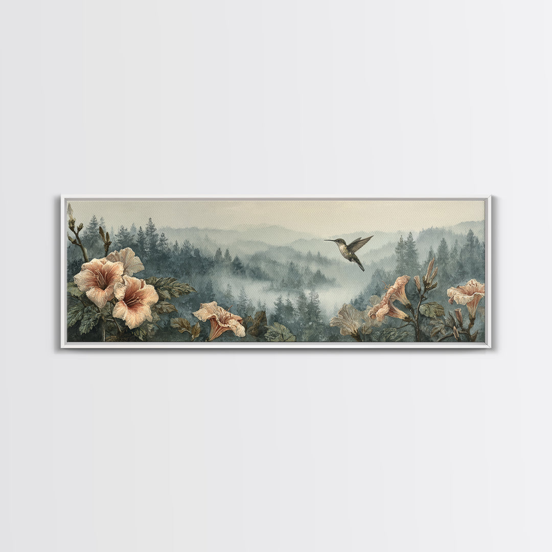 Hummingbird Beside Bright Trumpet Flowers Canvas Print, Nature Art, Modern Decor, Living Room Decor, Fine Art, Nature, NAT-3x1-100