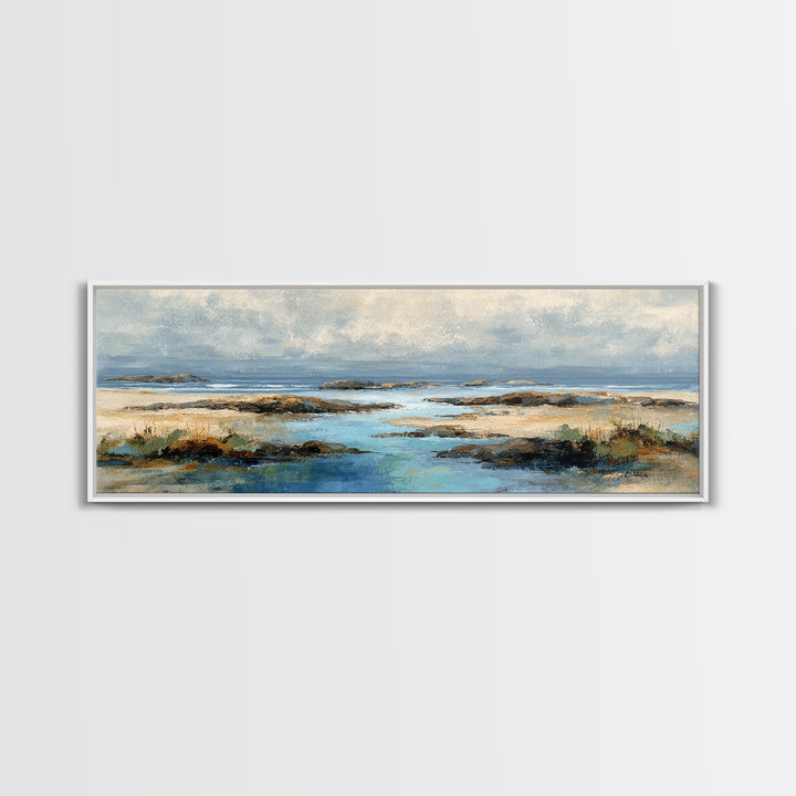 Calm Beach Tide Pooling Around Rocks Canvas Print, Nature Art, Living Room Wall Art, Living Room Decor, Fine Art, Nature, NAT-3x1-16