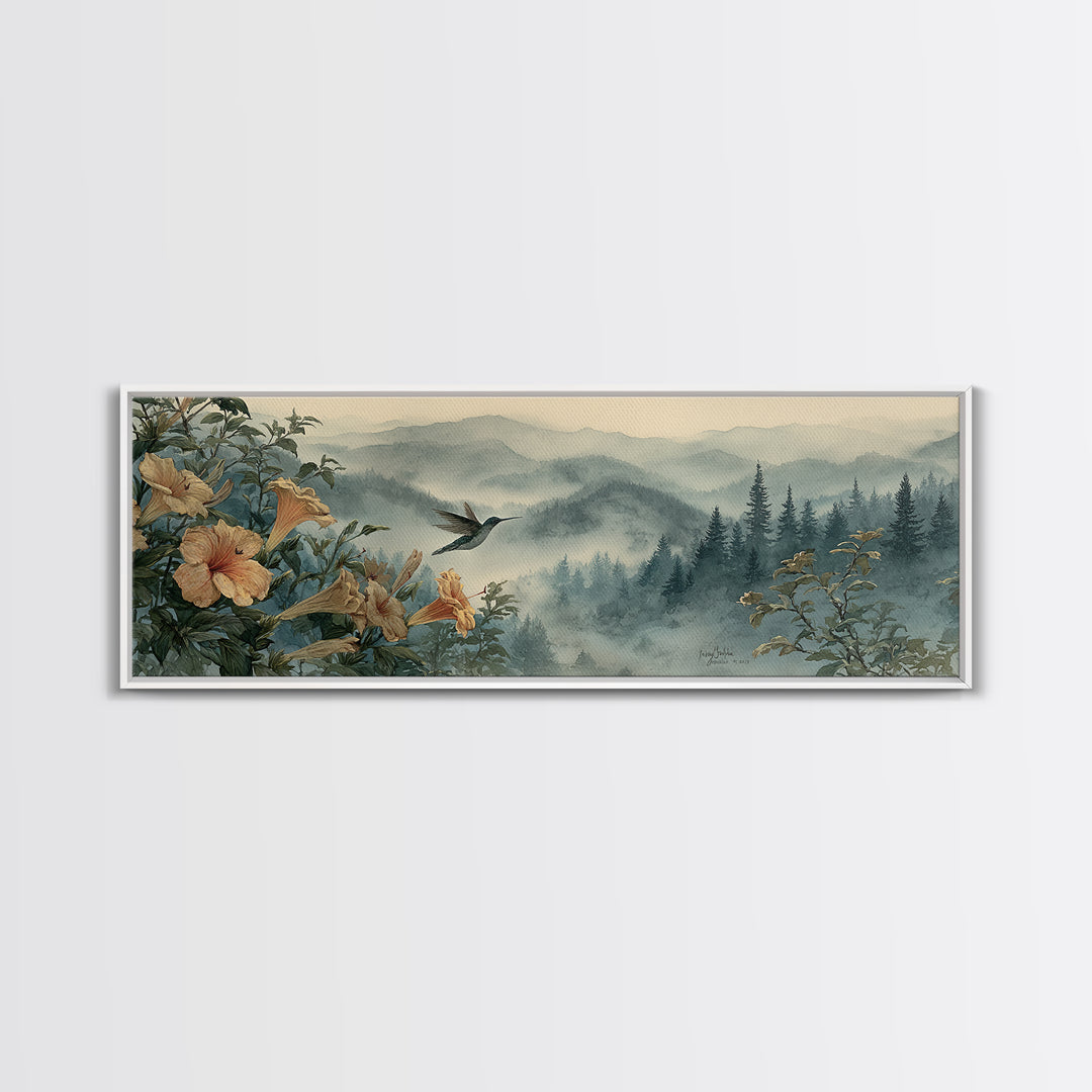 Hummingbird Beside Bright Trumpet Flowers Framed Canvas Print, Nature Art, Nature Wall Art, Living Room Decor, Watercolor Art, NAT-3x1-28