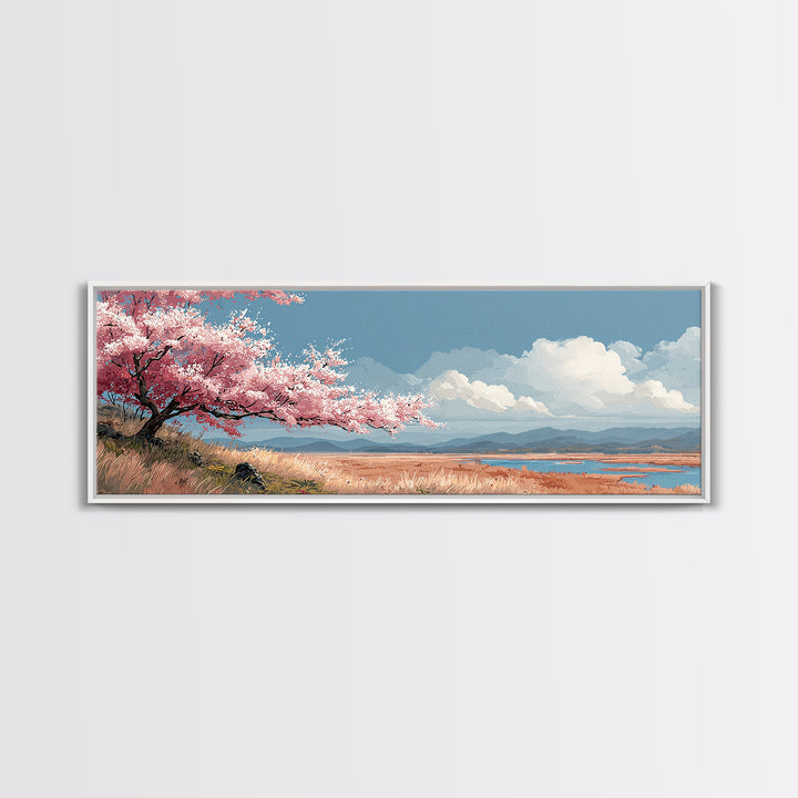 Spring Cherry Blossoms Framed Canvas Print, Nature Art, Landscape Print, Living Room Decor, Watercolor Art, Nature, NAT-3x1-32