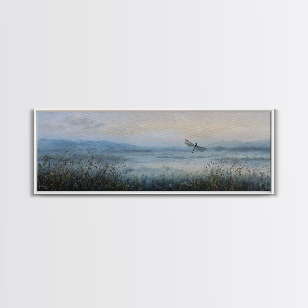 Dragonfly over a Pond with Reeds Canvas Print, Nature Art, Printable Wall Art, Living Room Decor, Abstract Art, Nature, NAT-3x1-34