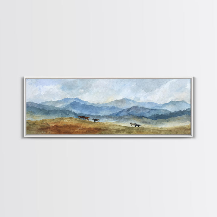 Wild Horses Running Near Mountain Ridge Canvas Print, Nature Art, Wall Hangings, Living Room Decor, Oil Painting, Nature, NAT-3x1-38