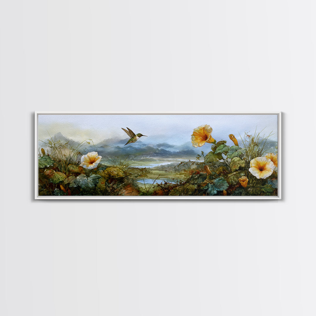 Hummingbird Beside Bright Trumpet Flowers Canvas Print, Nature Art, Moss Art, Living Room Decor, Watercolor Art, Nature, NAT-3x1-4