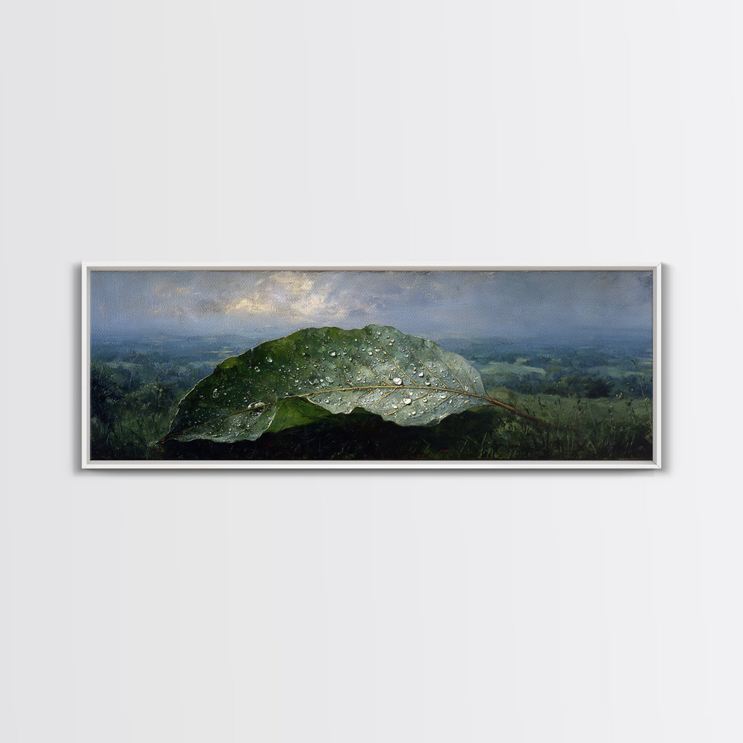 Rain Drops on a Large Green Leaf Canvas Print, Nature Art, Living Room Wall Art, Living Room Decor, Fine Art, Nature, NAT-3x1-49