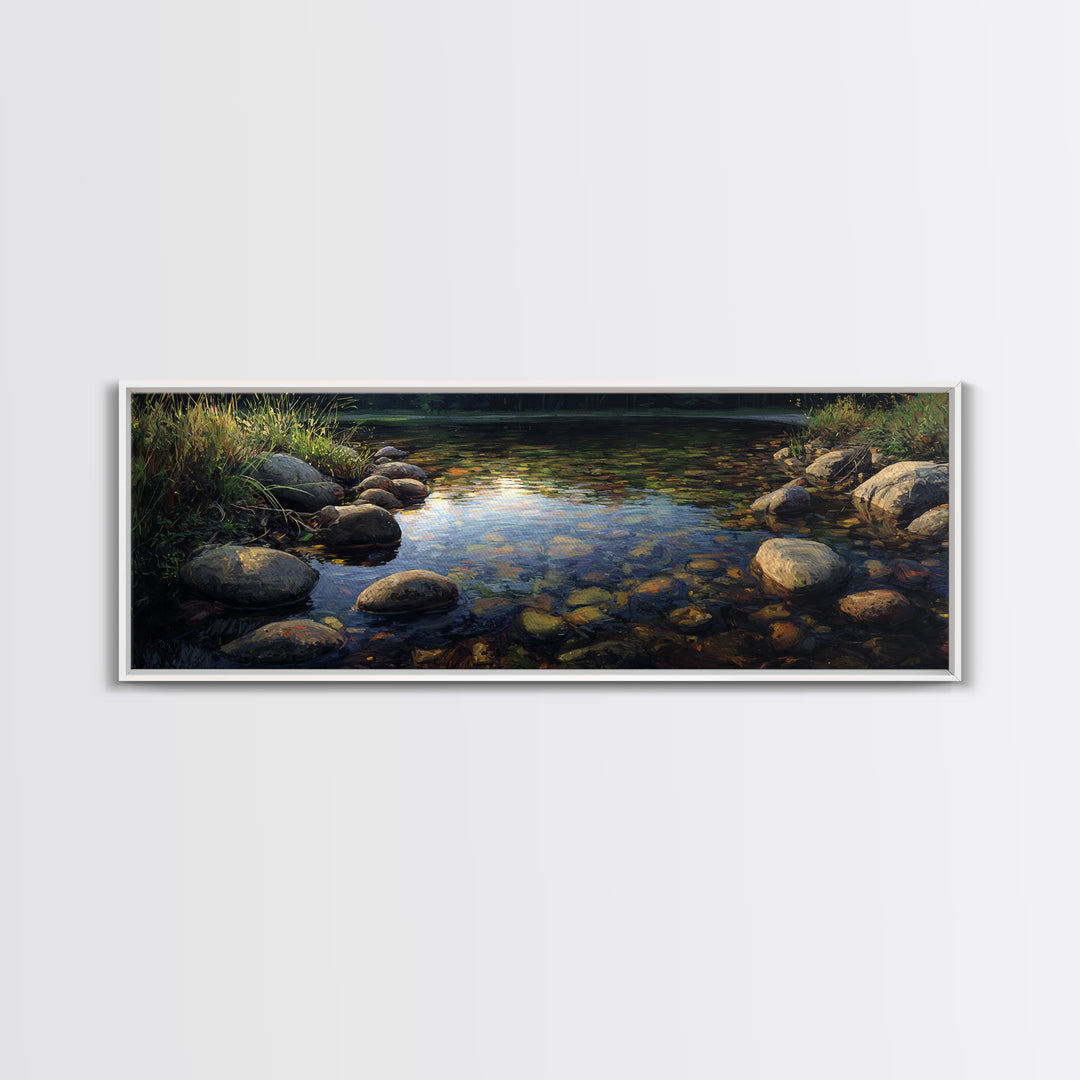 River Stones under Clear Shallow Water Framed Canvas Print, Nature Art, Living Room Decor, Watercolor Art, Nature, NAT-3x1-5