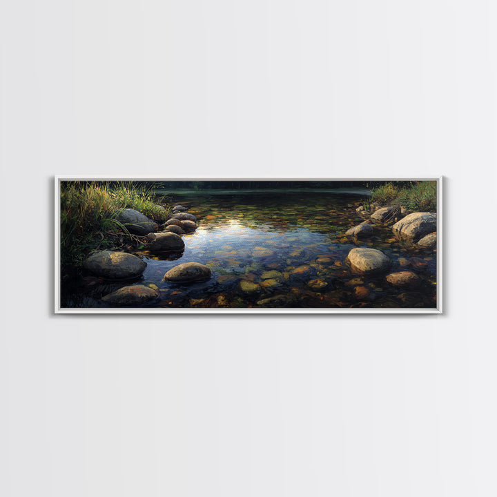 River Stones under Clear Shallow Water Framed Canvas Print, Nature Art, Living Room Decor, Watercolor Art, Nature, NAT-3x1-5