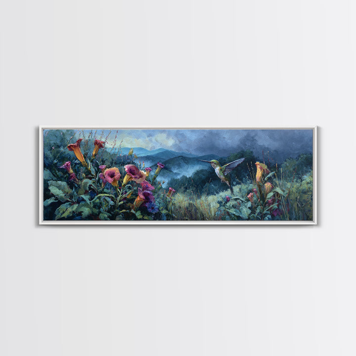 Hummingbird Beside Bright Trumpet Flowers Framed Canvas Print, Nature Art, Room Decor, Living Room Decor, Fine Art, Nature, NAT-3x1-52