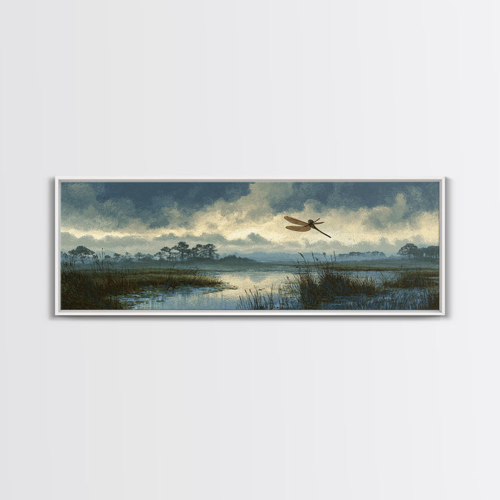 Dragonfly over a Pond with Reeds Framed Canvas Print, Nature Art, Wood Wall Art, Living Room Decor, Fine Art, Nature, NAT-3x1-58