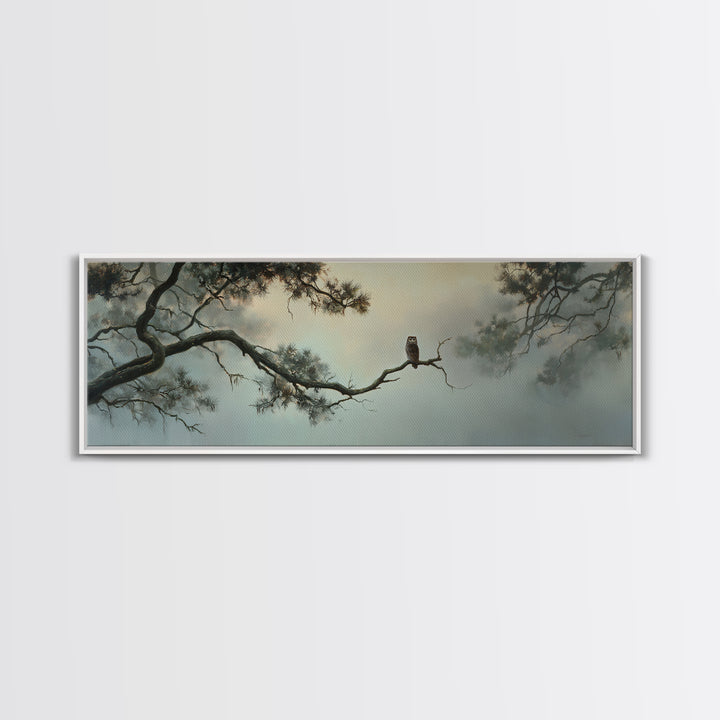 Owl in Moonlit Branches Framed Canvas Print, Nature Art, Wall Art, Living Room Decor, Watercolor Art, Nature, Wood Wall Art, NAT-3x1-59