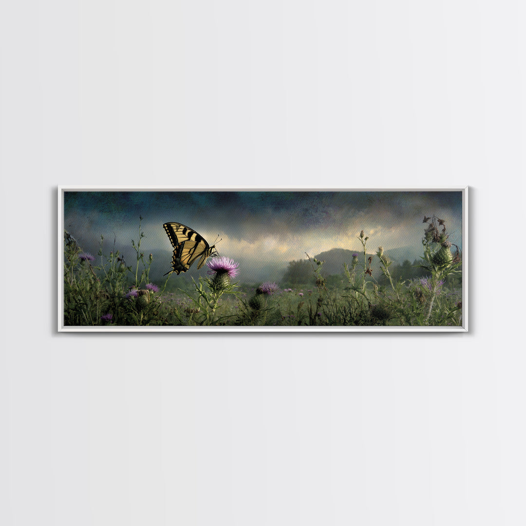 Butterfly Resting on a Blooming Thistle Framed Canvas Print, Nature Art, Living Room Decor, Watercolor Art, Nature, NAT-3x1-68