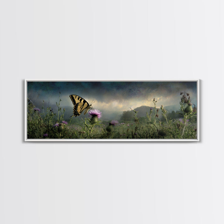 Butterfly Resting on a Blooming Thistle Framed Canvas Print, Nature Art, Living Room Decor, Watercolor Art, Nature, NAT-3x1-68