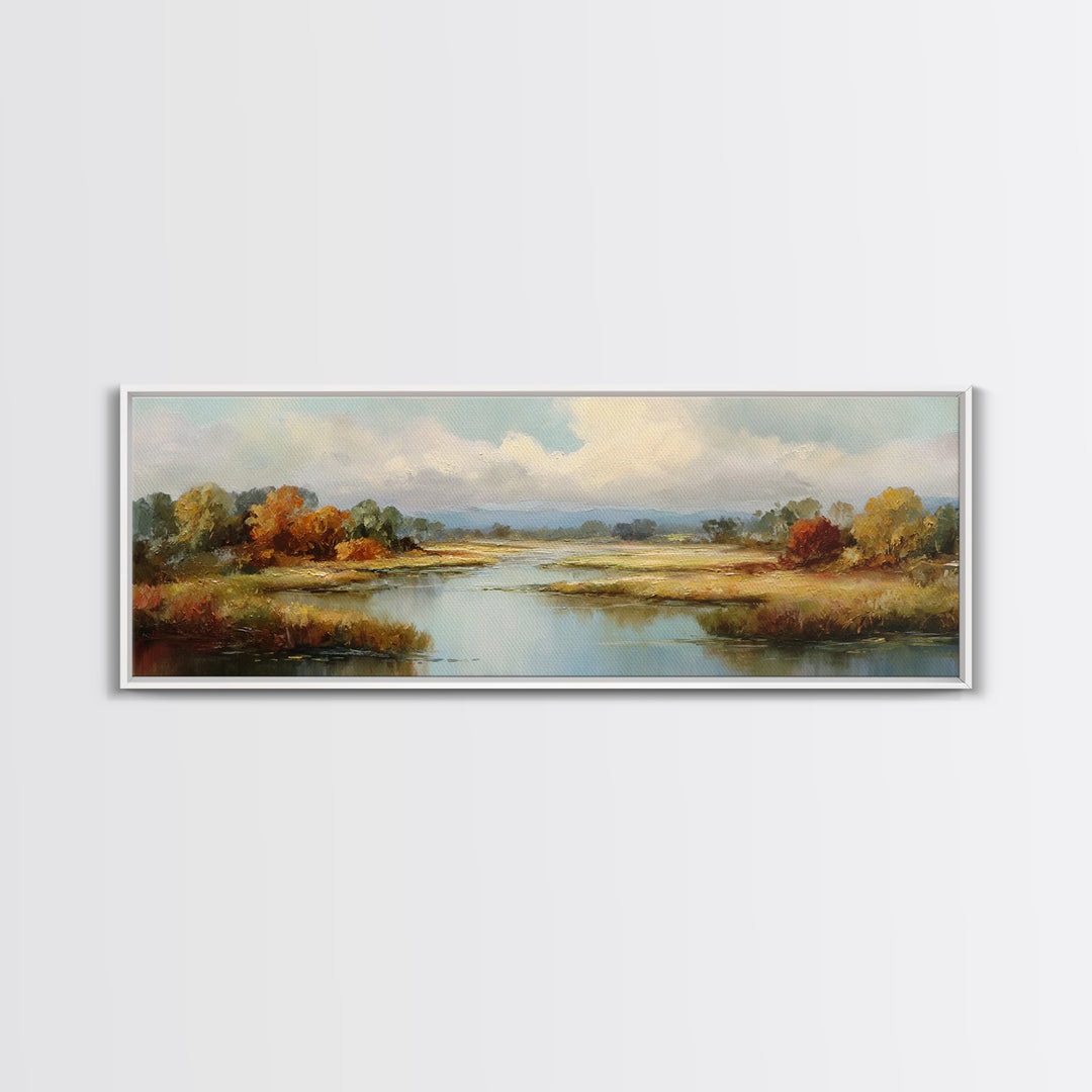 Autumn Leaves Floating on Quiet Stream Canvas Print, Nature Art, Art Print, Living Room Decor, Oil Painting, Nature, NAT-3x1-70