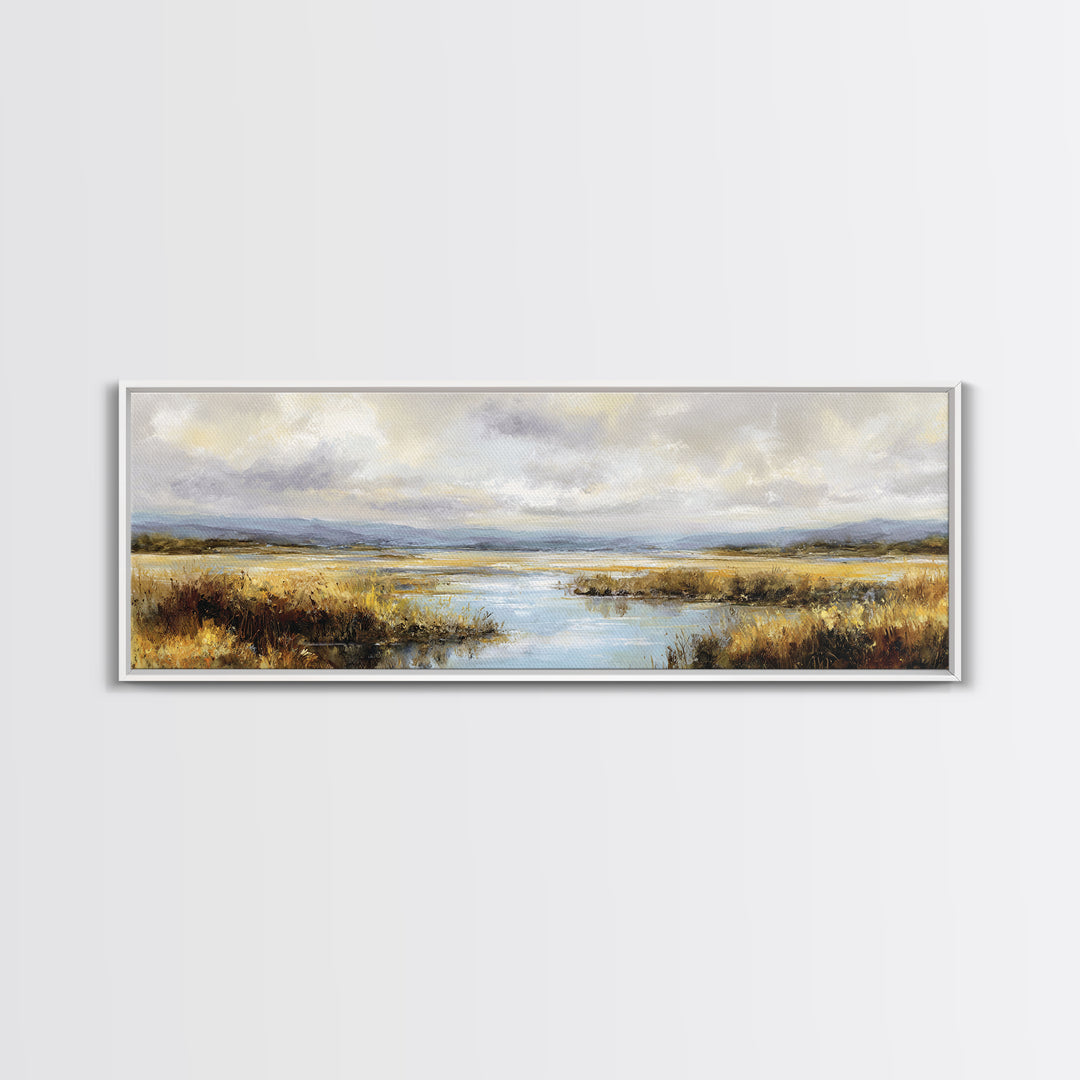 Dragonfly over a Pond with Reeds Framed Canvas Print, Nature Art, Wood Wall Art, Living Room Decor, Fine Art, Nature, NAT-3x1-82