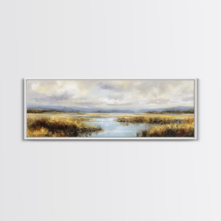 Dragonfly over a Pond with Reeds Framed Canvas Print, Nature Art, Wood Wall Art, Living Room Decor, Fine Art, Nature, NAT-3x1-82