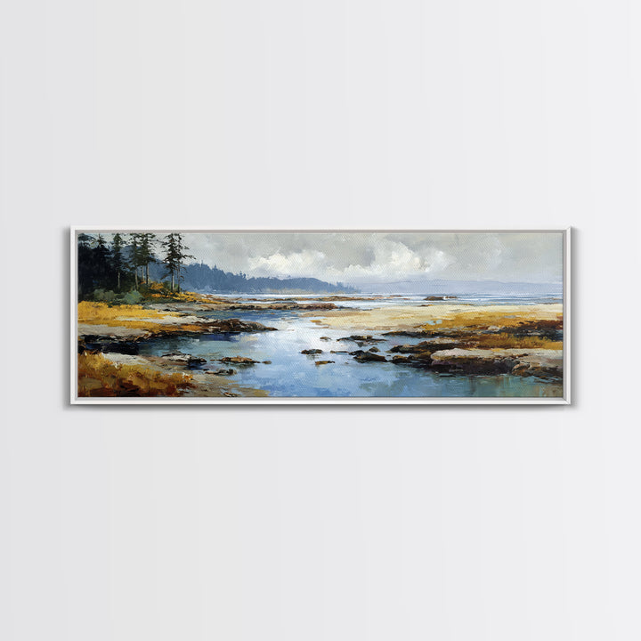 Calm Beach Tide Pooling Around Rocks Canvas Print, Nature Art, Minimalist Decor, Living Room Decor, Oil Painting, Nature, NAT-3x1-88