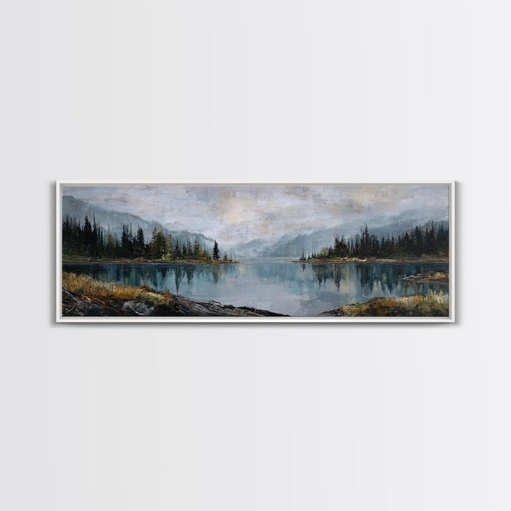 Misty Mountain Lake Canvas Print, Nature Art, Mountain Art, Living Room Decor, Oil Painting, Nature, Minimalist Decor, NAT-3x1-93