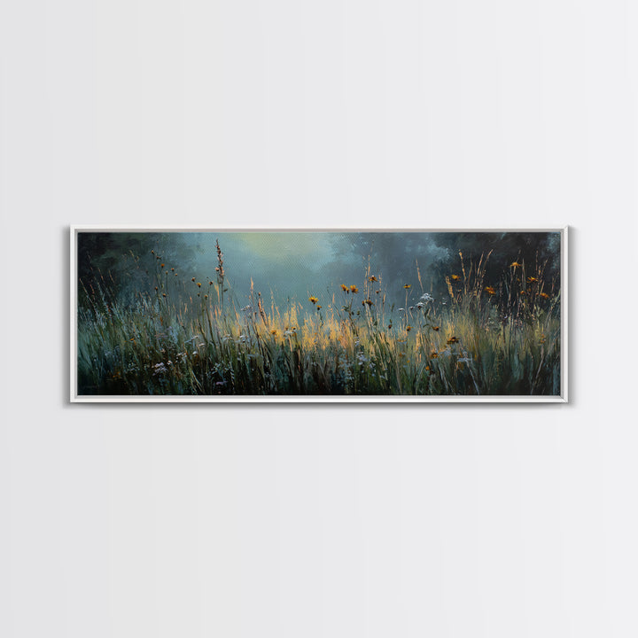 Sunrise Through Tall Grass and Wildflowers Framed Canvas Print, Nature Art, Living Room Decor, Oil Painting, Nature, NAT-3x1-99