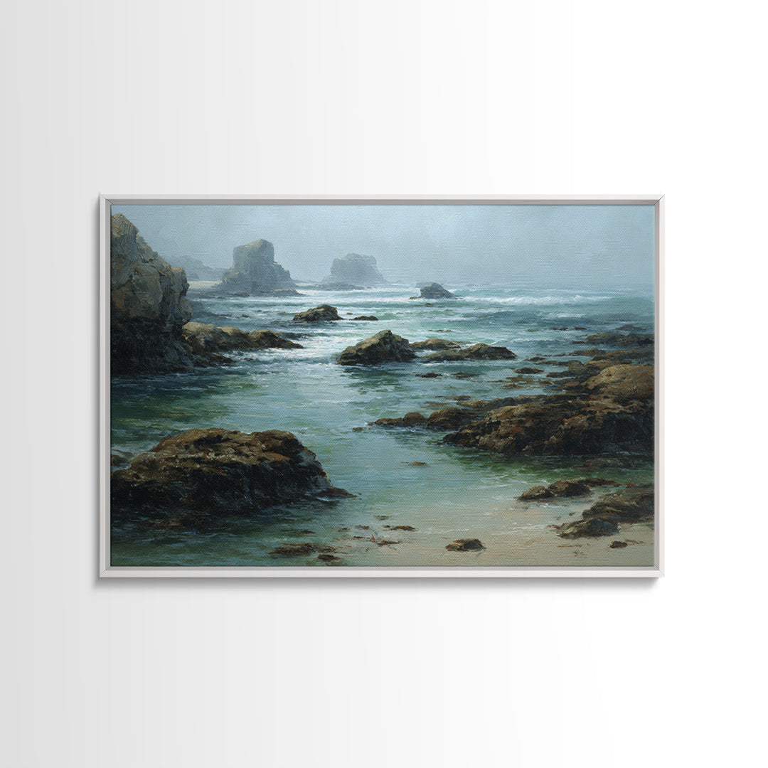 Calm Beach Tide Pooling Around Rocks Framed Canvas Print, Nature Art, Fine Art Print, Living Room Decor, Oil Painting, Nature, NAT-3x2-100