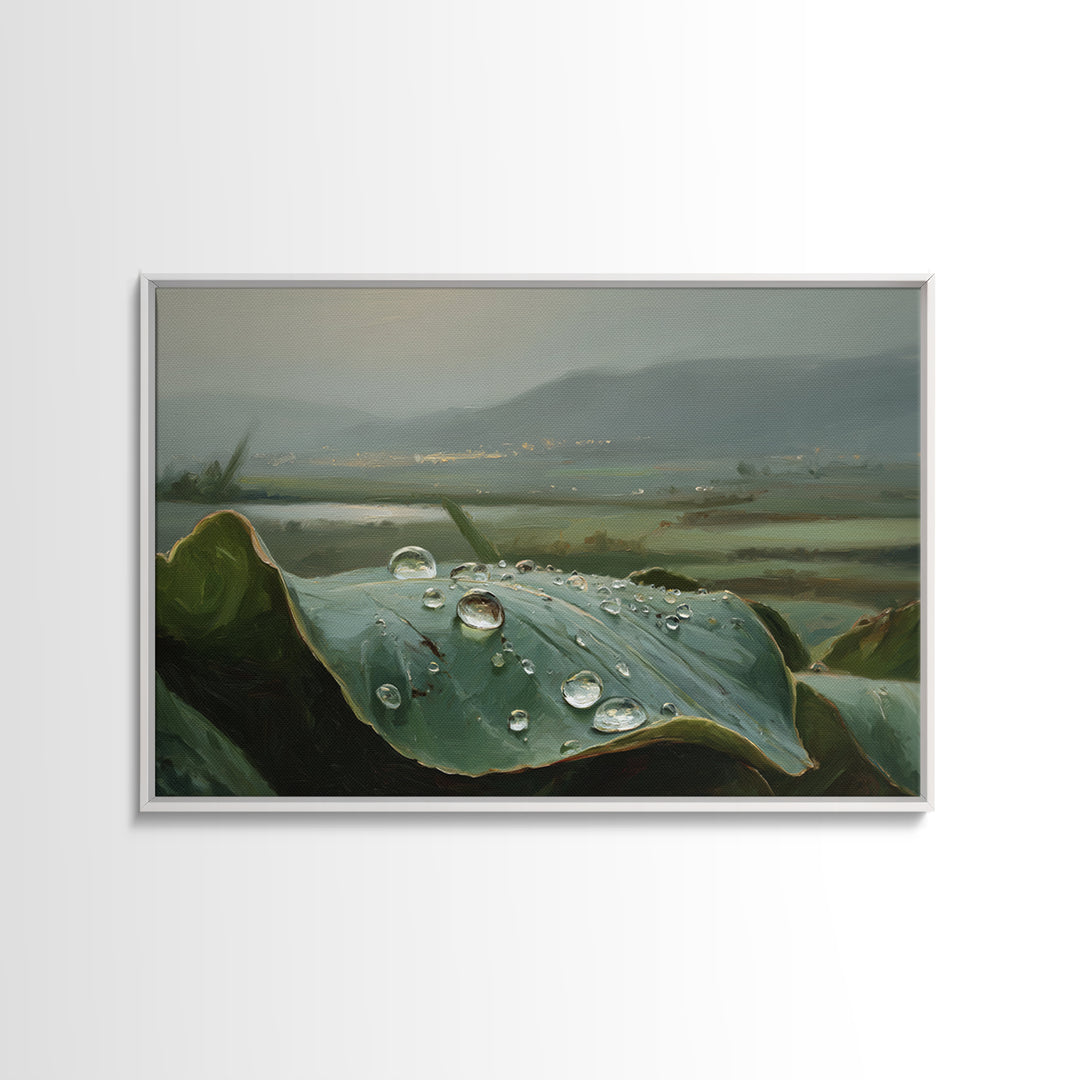 Rain Drops on a Large Green Leaf Framed Canvas Print, Nature Art, 3d Wall Art, Living Room Decor, Watercolor Art, Nature, NAT-3x2-13