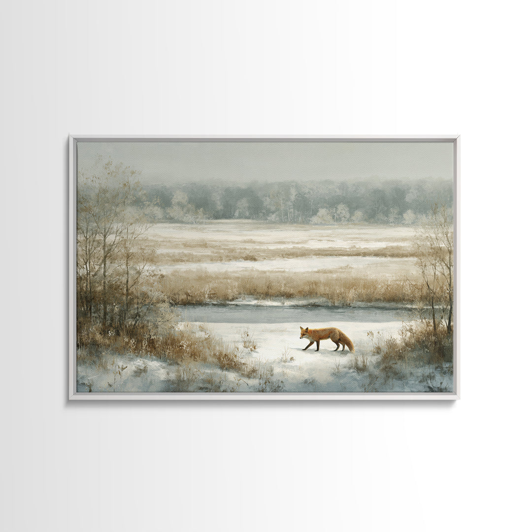 Fox Crossing a Snowy Forest Clearing Framed Canvas Print, Nature Art, Living Room Decor, Oil Painting, Nature, NAT-3x2-14